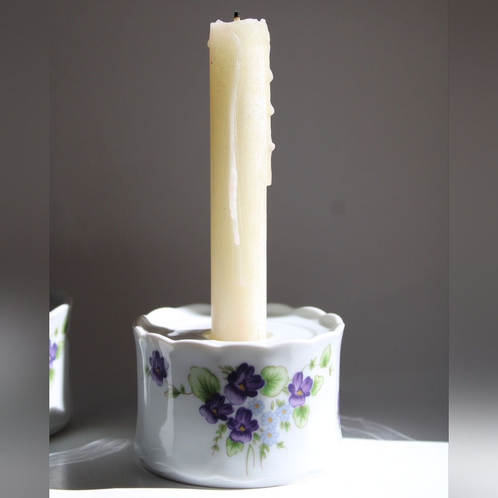 Pair Of Porcelain Candle Holders with Purple Violet Design